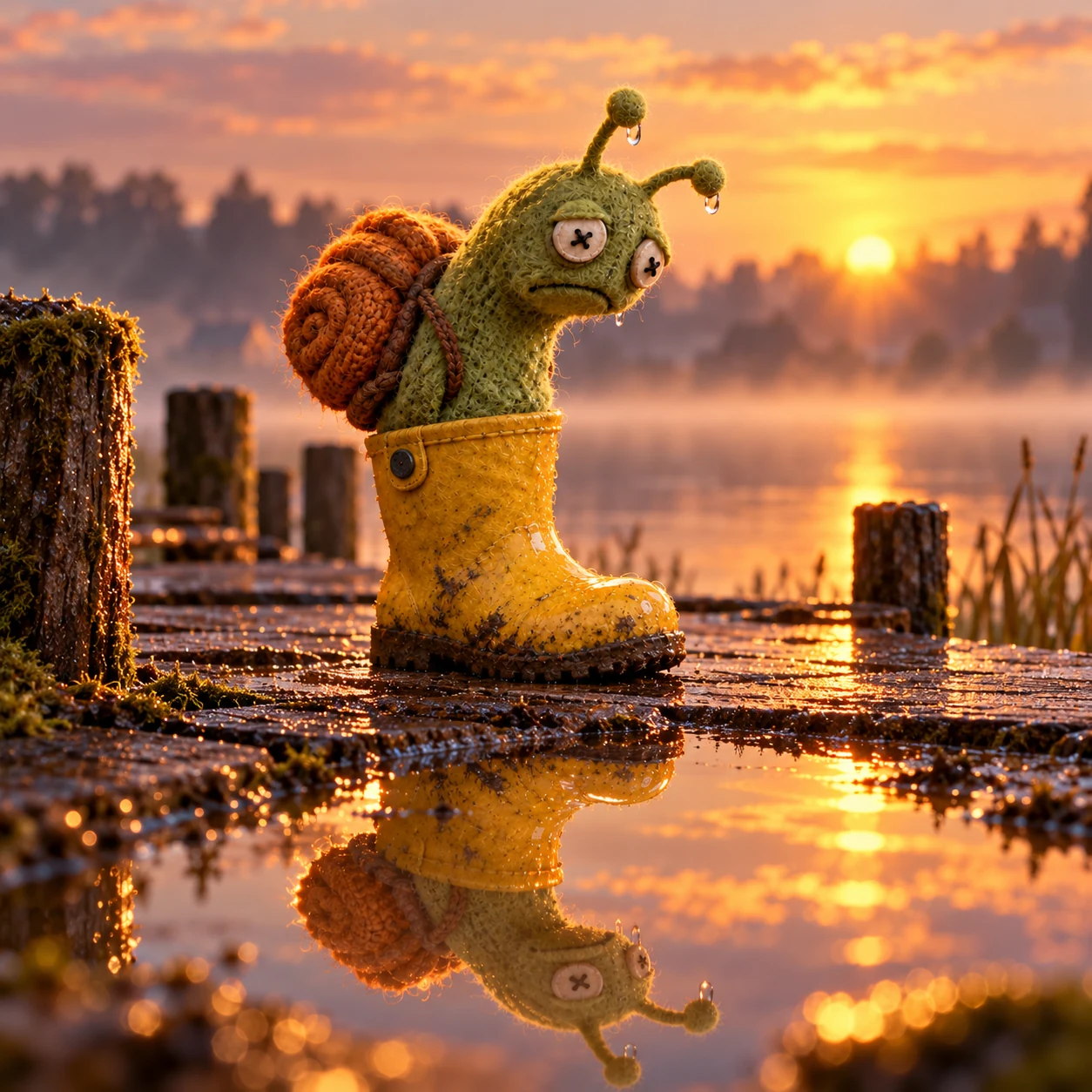 Snail Wif Boot at a quiet dock in the sunrise