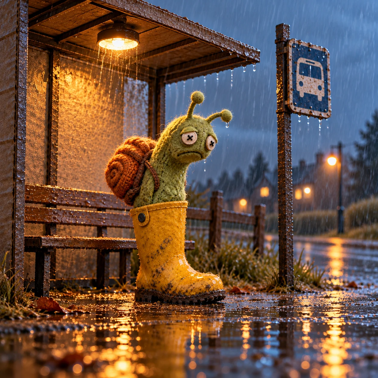 Snail Wif Boot waiting at a rainy bus stop