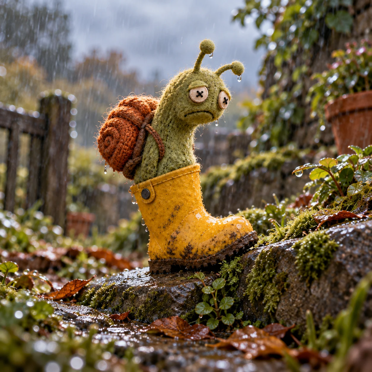 Snail Wif Boot on a mossy garden stone
