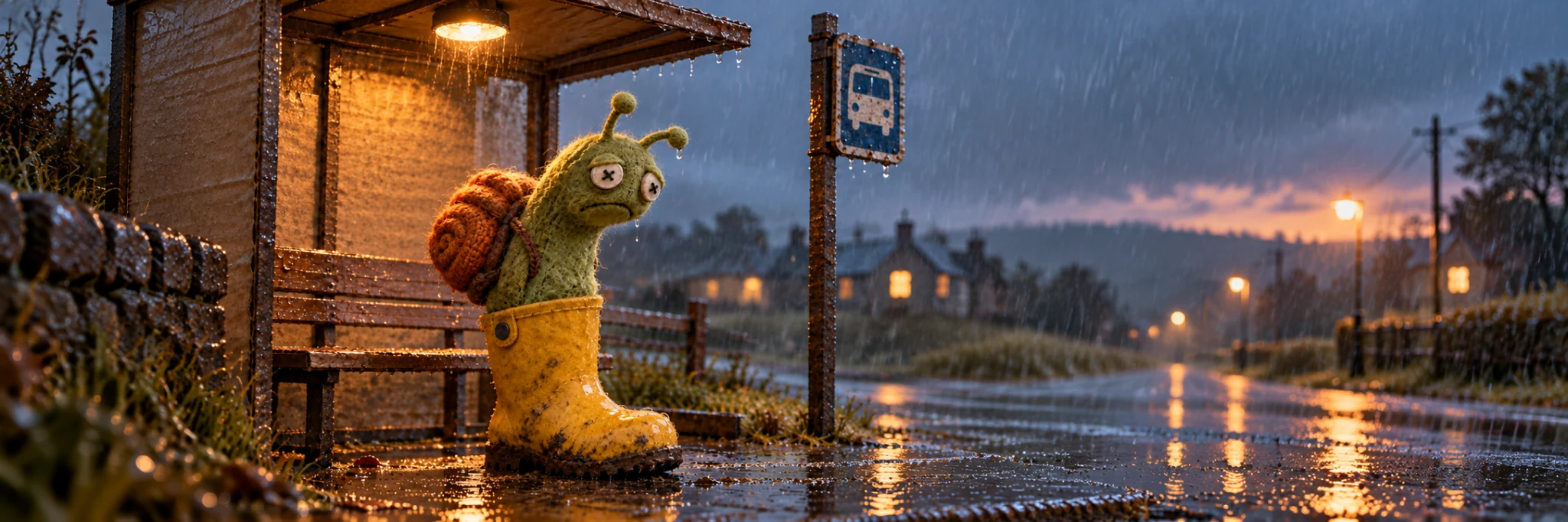 Snail Wif Boot waiting at a rainy bus stop